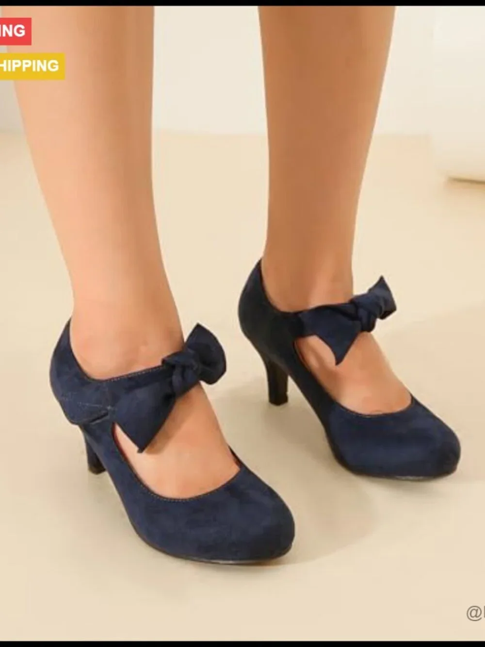 Navy Blue Suede Bow Heels Mary Jane Kitten Heel Pumps Closed Toe